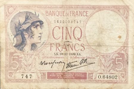 France 5 Francs Violet 19-10-1939 Série O.64802 - TB