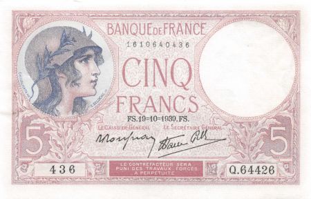 France 5 Francs Violet 19-10-1939 Série Q.64426 - SUP+