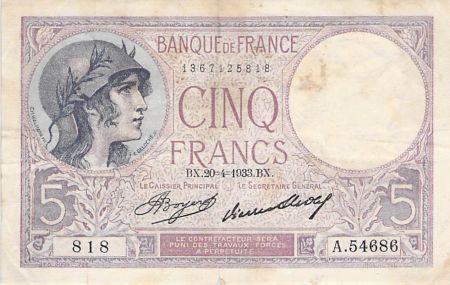 France 5 Francs Violet 20-04-1933 Série A.54686 - TB+