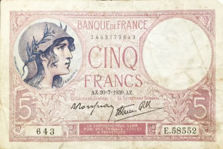 France 5 Francs Violet 20-07-1939 Série E.58552 - TB+