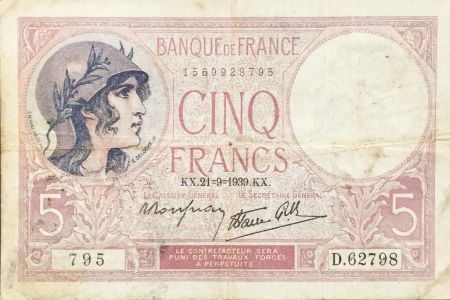 France 5 Francs Violet 21-09-1939 Série D.62798 - TB