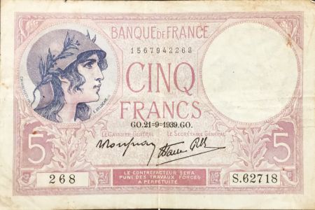 France 5 Francs Violet 21-09-1939 Série S.62718 - TB