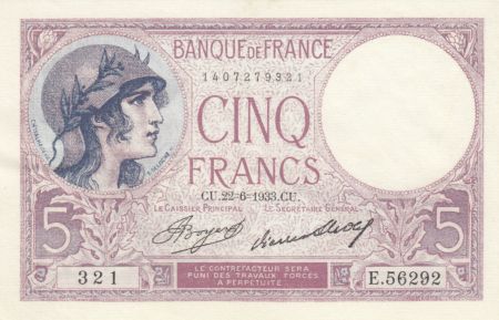 France 5 Francs Violet 22-06-1933 - Série E.56292 - Neuf