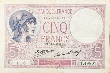 France 5 Francs Violet 22-09-1932 Série T.49807 - TTB