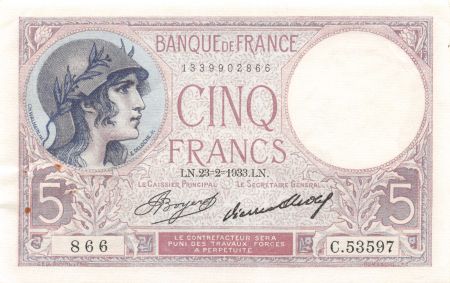 France 5 Francs Violet 23-02-1933 Série C.53597 - SUP