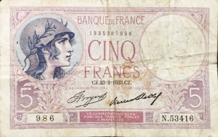France 5 Francs Violet 23-02-1933 Série N.53416 - TB+