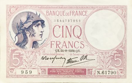 France 5 Francs Violet 24-08-1939 Série N.61790 - TTB+