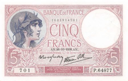 France 5 Francs Violet 26-10-1939 Série P.64877 - SPL