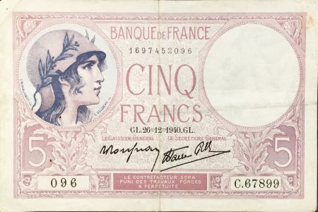 France 5 Francs Violet 26-10-1940 Série C.67899 - TTB