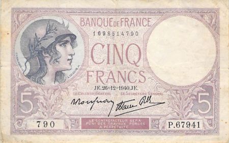 France 5 Francs Violet 26-12-1940 Série P.67941 - TB