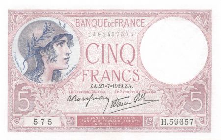 France 5 Francs Violet 27-07-1939 Série H.59657 - SPL+