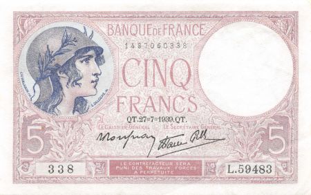 France 5 Francs Violet 27-07-1939 Série L.59483 - SUP+