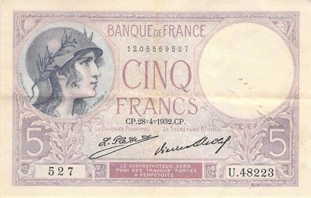 France 5 Francs Violet 28-04-1932 Série U.48223 - TTB