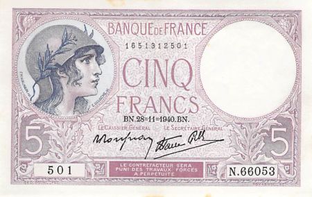 France 5 Francs Violet 28-11-1940 Série N.66053 - TTB+