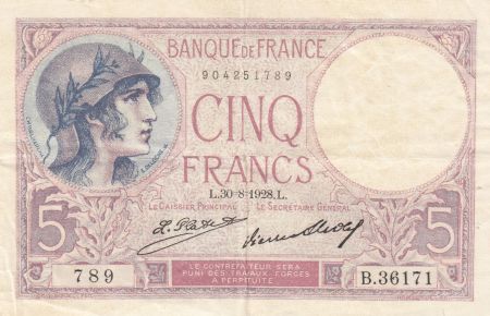 France 5 Francs Violet 30-08-1928 Série B.36171 - TTB