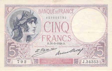 France 5 Francs Violet 31-05-1928 Série J.34353 - PTTB