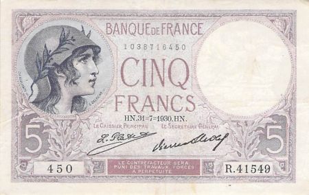 France 5 Francs Violet 31-07-1930 Série R.41549 - PTTB