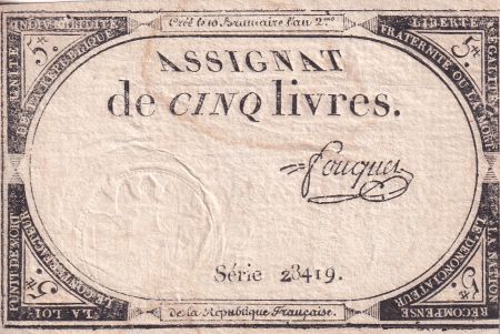 France 5 Livres  - 10 Brumaire An II (31-10-1793) - Sign Fouquet - Série 28419 - L.171