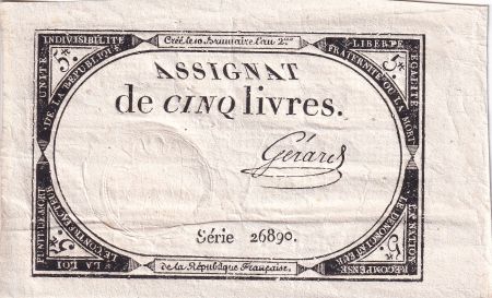 France 5 Livres  - 10 Brumaire An II (31-10-1793) - Sign Gérard - Série 26890 - L.171