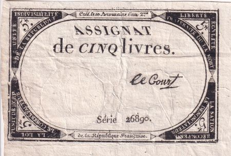 France 5 Livres  - 10 Brumaire An II (31-10-1793) - Sign Lecourt - Série 26890 - L.171