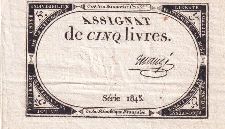 France 5 Livres  - 10 Brumaire An II (31-10-1793) - Sign Mauge - Série 1845 - L.171
