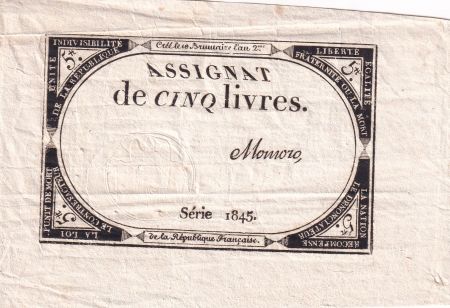 France 5 Livres  - 10 Brumaire An II (31-10-1793) - Sign Momoro - Série 1845 - L.171