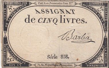 France 5 Livres - 10 Brumaire An II (31.10.1793) - Sign. Barba - Série 858