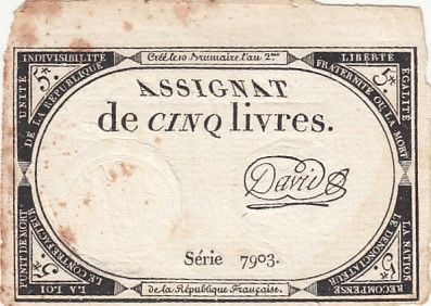 France 5 Livres - 10 Brumaire An II (31.10.1793) - Sign. David  - Série 7903