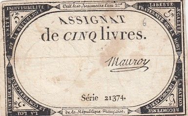 France 5 Livres - 10 Brumaire An II (31.10.1793) - Sign. Mauroy - Série 21374