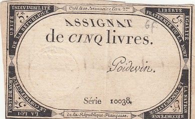 France 5 Livres - 10 Brumaire An II (31.10.1793) - Sign. Poidevin - Série 10038