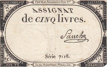 France 5 Livres - 10 Brumaire An II (31.10.1793) - Sign. Sanche - Série 7118