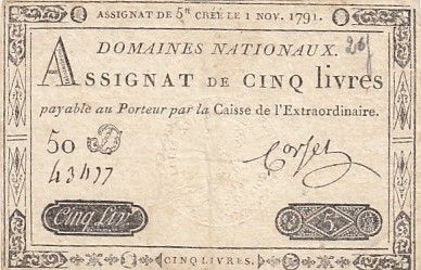 France 5 Livres - 1er Novembre 1791 - Sign. Corsel - Série 50D