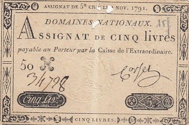 France 5 Livres - 1er Novembre 1791 - Sign. Corsel - Série 50H