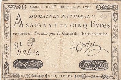 France 5 Livres - 1er Novembre 1791 - Sign. Corsel - Série 91G