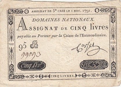 France 5 Livres - 1er Novembre 1791 - Sign. Corsel - Série 95B