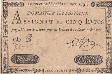 France 5 Livres - 1er Novembre 1791 - Sign. Corsel - Série 96G