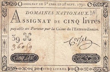 France 5 Livres - 28 Septembre 1791 - Sign. Corsel - Série 39H