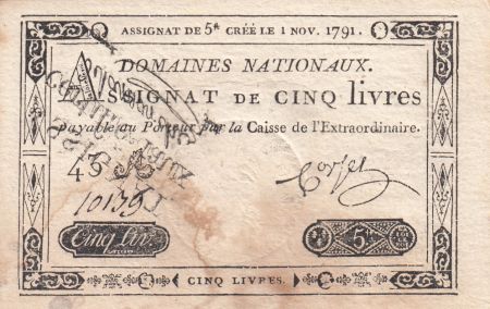France 5 Livres - Faux - Timbre sec Louis XVI  01-11-1791 - Série 43 A