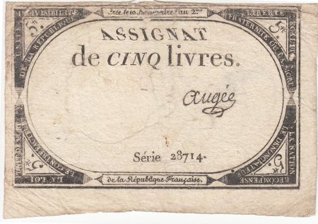 France 5 Livres 10 Brumaire An II - 31-10-1793 - Sign. Augée