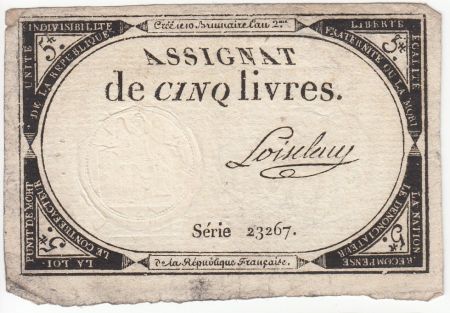 France 5 Livres 10 Brumaire An II - 31-10-1793 - Sign. Loiseleau