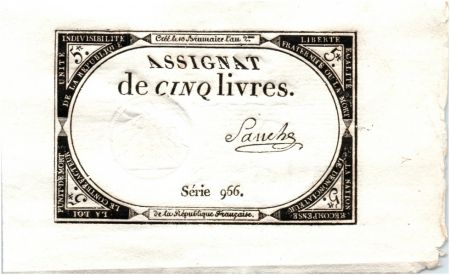 France 5 Livres 10 Brumaire An II (31-0-1793) - Sign. Sanche