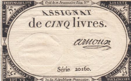 France 5 Livres 10 Brumaire An II (31-10-1793) - Sign. Arnoux