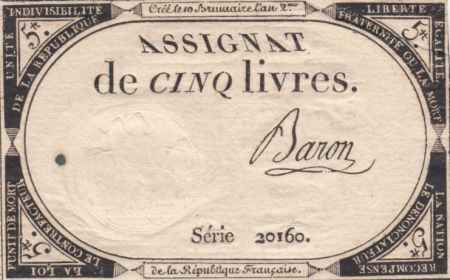 France 5 Livres 10 Brumaire An II (31-10-1793) - Sign. Baron