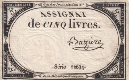 France 5 Livres 10 Brumaire An II (31-10-1793) - Sign. Bazire