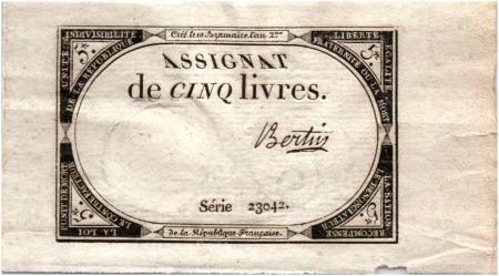France 5 Livres 10 Brumaire An II (31-10-1793) - Sign. Bertin