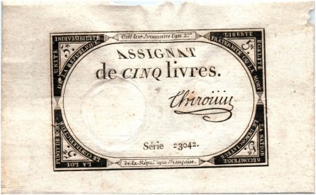 France 5 Livres 10 Brumaire An II (31-10-1793) - Sign. Chirouin
