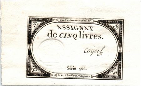 France 5 Livres 10 Brumaire An II (31-10-1793) - Sign. Coipel