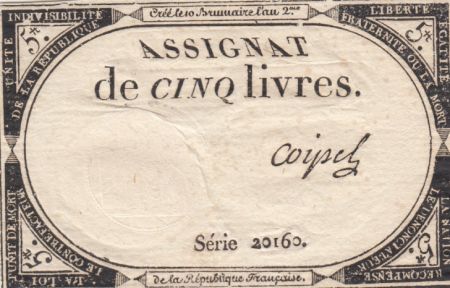 France 5 Livres 10 Brumaire An II (31-10-1793) - Sign. Coipel