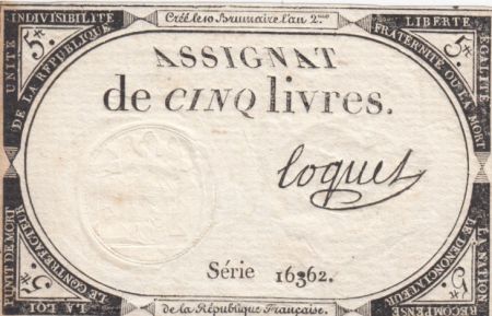 France 5 Livres 10 Brumaire An II (31-10-1793) - Sign. Coquet