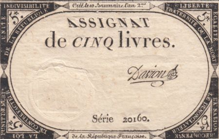 France 5 Livres 10 Brumaire An II (31-10-1793) - Sign. Davion